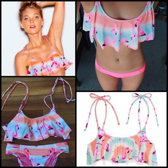 PINK Victoria's Secret Other - VS PINK Flamingo Flounce Ruffle Bikini Tie Top